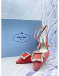 รองเท้าส้นสูง PRADA รุ่น Crystal Buckle ทำจากหนังกลับ สีชมพู Blossom ขนาด 35.5 มาพร้อมกล่องและอุปกรณ์ครบชุด